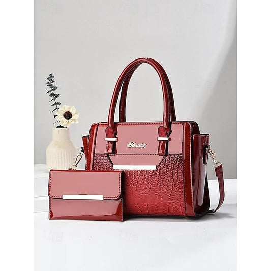 Set – Patent Handbag Women's Glossy Faux Leather