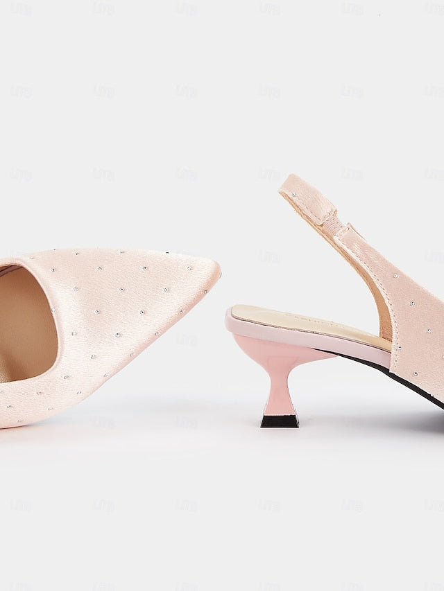 Slingback Studs Kitten Rhinestone Satin Heels Women's with