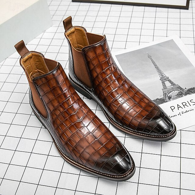 Slip-On Pattern Boots – Men's Crocodile Brown Chelsea
