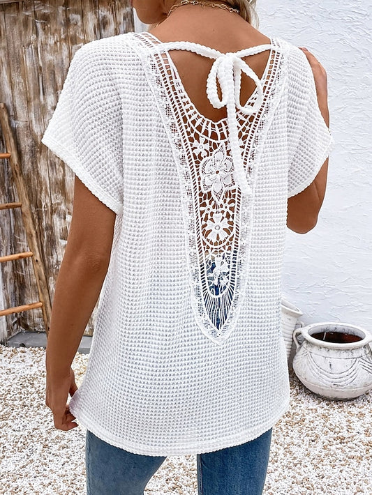 Women's T Shirt Tee Top Lace Patchwork Backless Plain