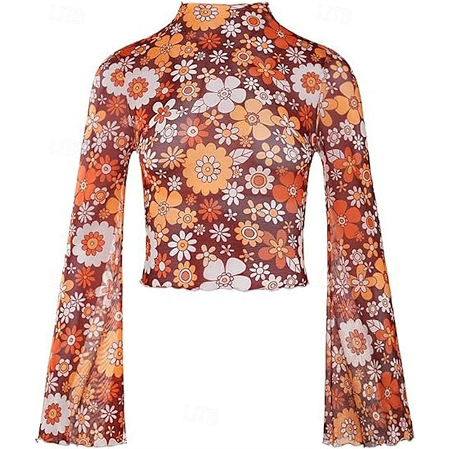 1970s Outfits for Women Bell Sleeve Tops Disco Outfit Floral