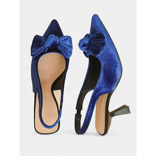Blue Pointed Bow Women's Heels Toe with Slingback Velvet