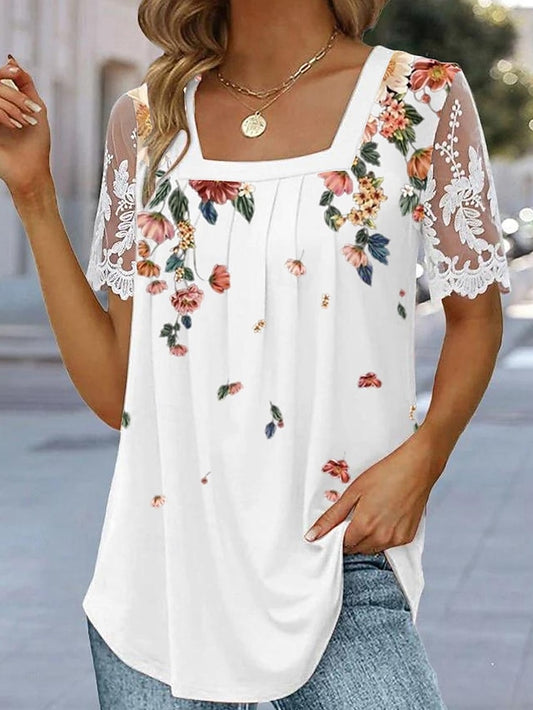 Women's T Shirt Mesh Patchwork Top Lace T-shirt Lace Print