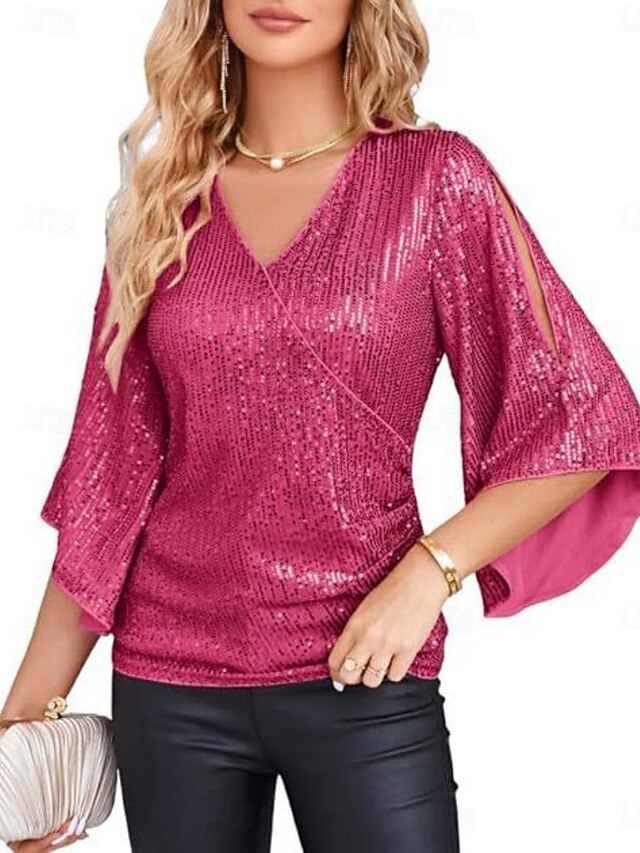 Women's Blouse Sequins Solid Color Elegant Modern 3/4