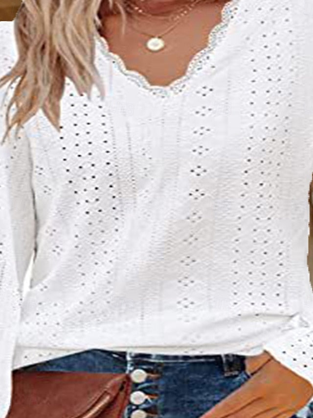 Women's White Elegant Lace Tops Eyelet Blouse Stylish Solid