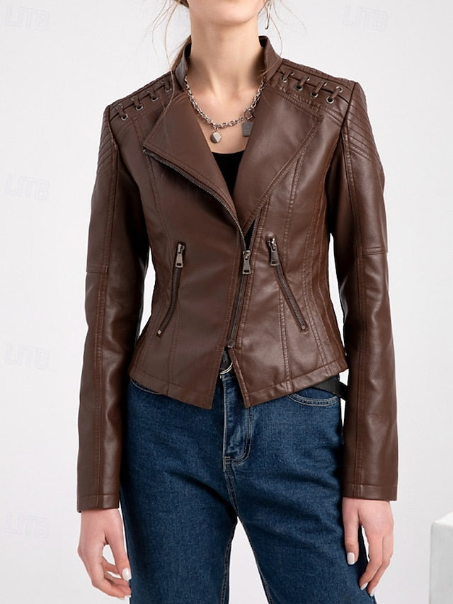 Pocket Jacket Women's Faux Leather Comfortable Zipper