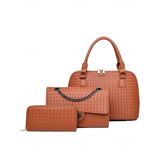 Faux Set Handbag Brown Women's Woven 3-Piece Leather –