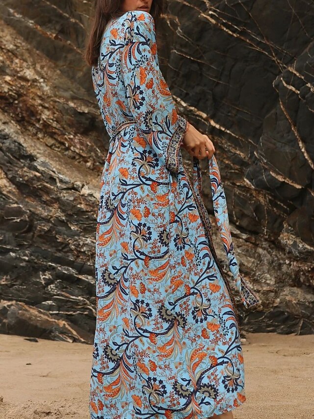 Women's Floral V Neck Maxi Dress Long Sleeve Summer Spring