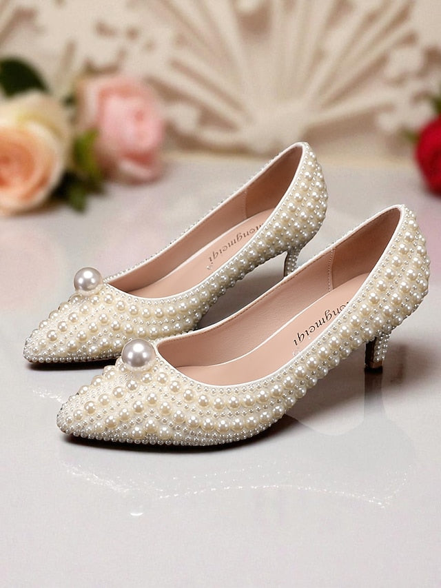 Pearl-Embellished Women's Kitten Pumps and Heel Matching