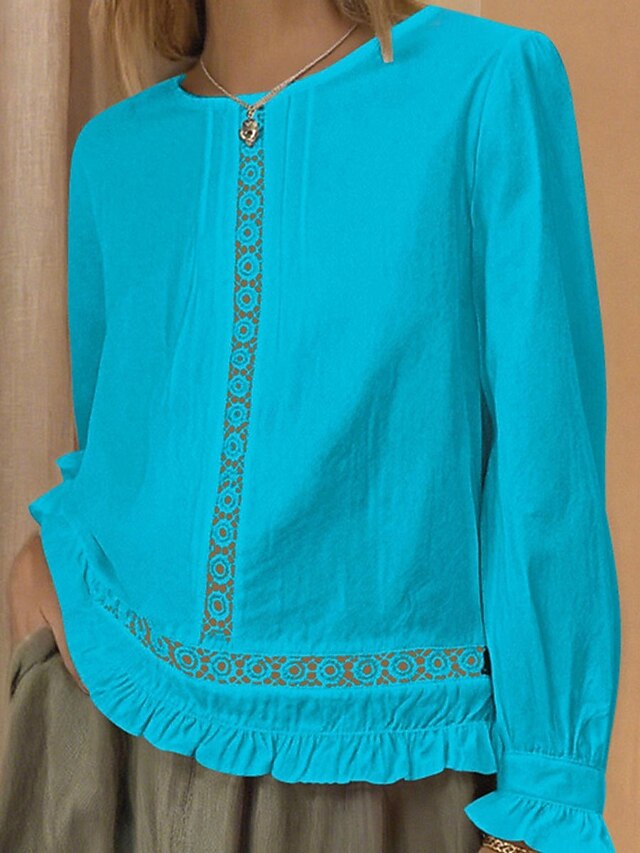 Women's Blouse Eyelet top Ruched Patchwork Eyelet Solid