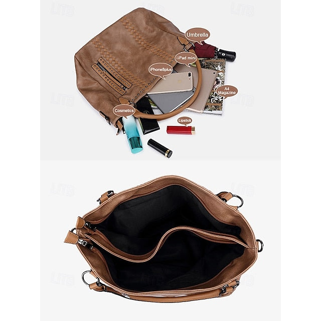 Brown Tote Spacious Women's Leather Bag Handbag Faux –