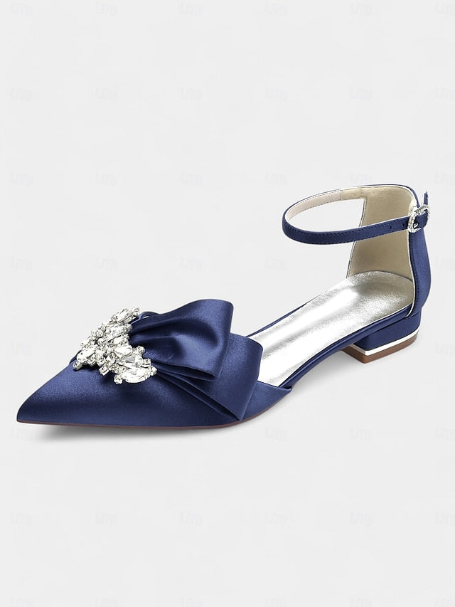 Bow Heels and Pointed-Toe Ankle with Rhinestone White Satin