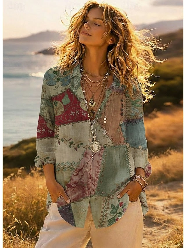 Women's Shirt Button Up Blouse Faux Cotton Linen Buttons