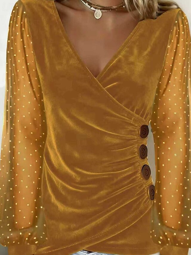 Women's Velvet Blouse Ruched Patchwork Buttons Solid Color