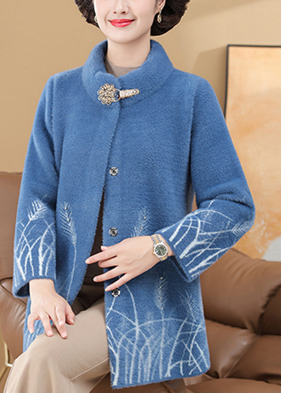 omen Blue Print Pockets Mink Velvet Coats Spring TA035