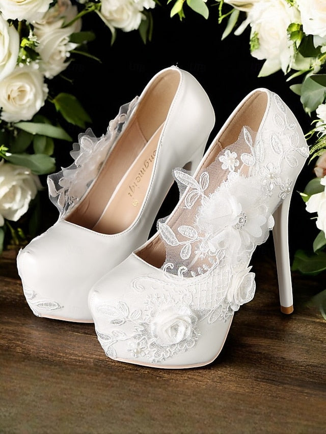with Floral White Lace Wedding Shoes Embellishments