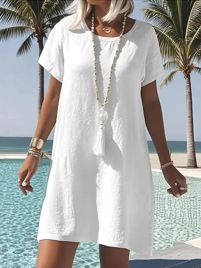 Women's Mini Dress White Dress Cotton Linen Dress Vacation