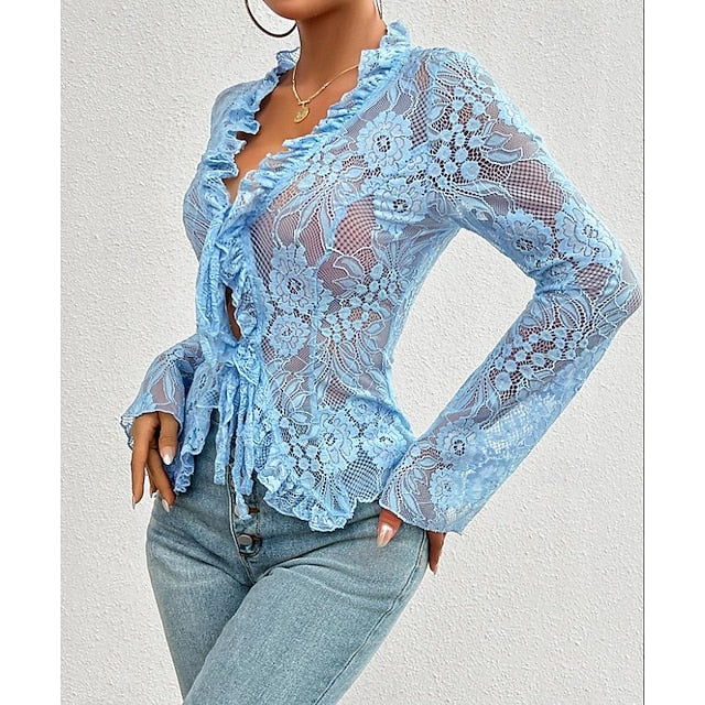 Women's Lace Solid Color Plain Stylish Long Sleeve Causal