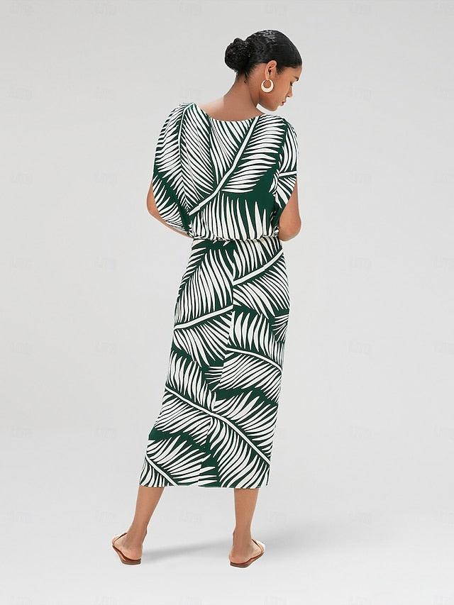Satin Print Raglansleeve Midi Dress
