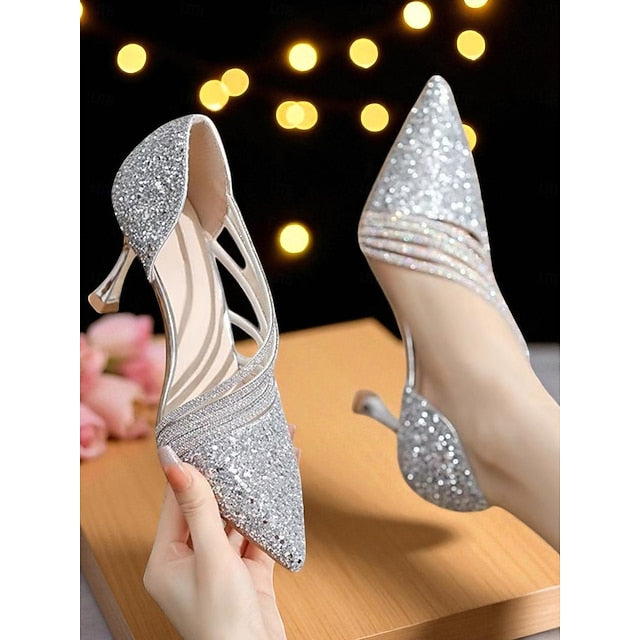 Pointed High Toe Gold Women's Glitter Heels Strappy -