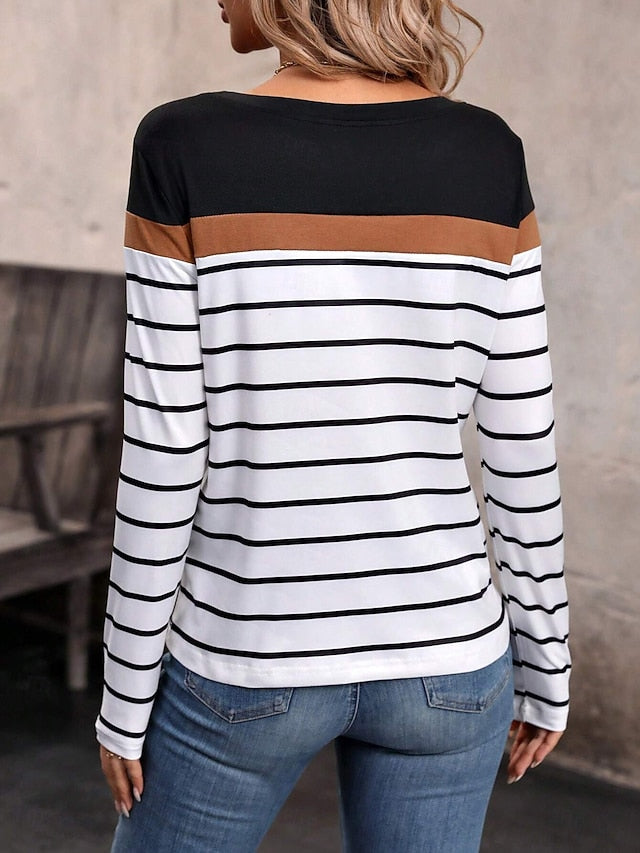 Women's T shirt Crew Neck Long Sleeve Tunic Color Block