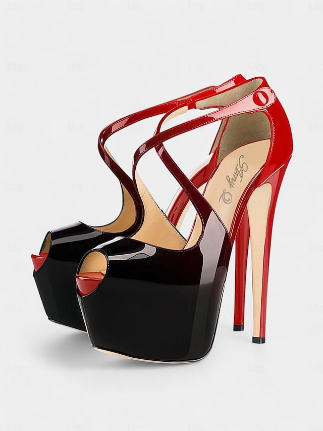 Black Leather Heels Platform Cross with Red Stiletto and Patent