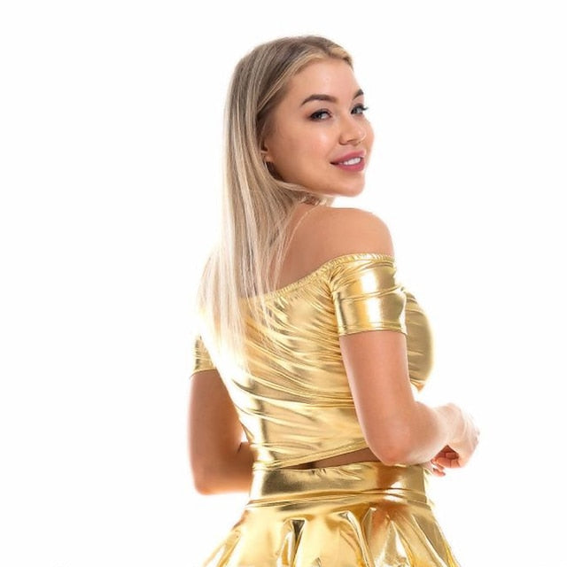 Mardi Gras 2026 Metallic 1980s Crop Top PU Leather Off Shoulder