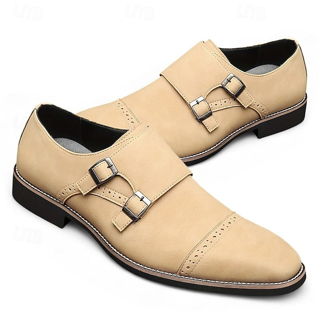 Faux Leather Monk with Shoes Beige Double Strap Men's