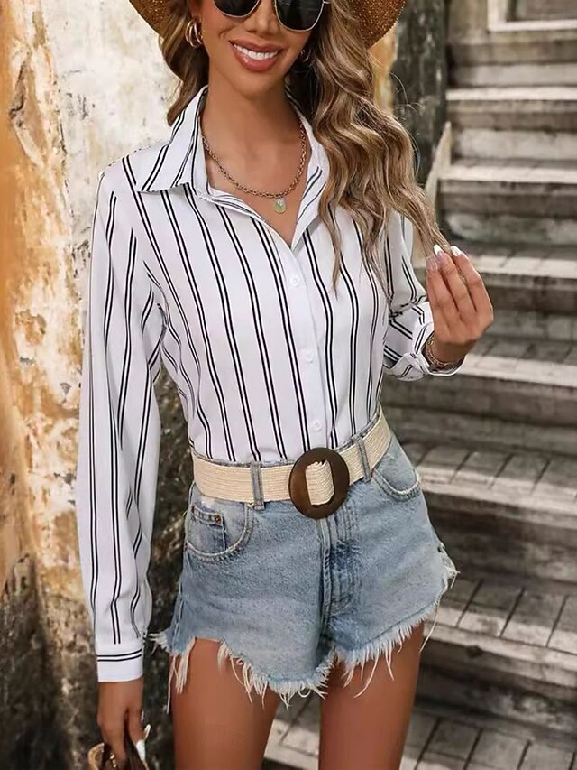 Women's Shirt Blouse Patchwork Buttons Striped Elegant