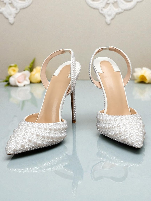 Women's - Heels Pearl-Embellished Slingback White Leather