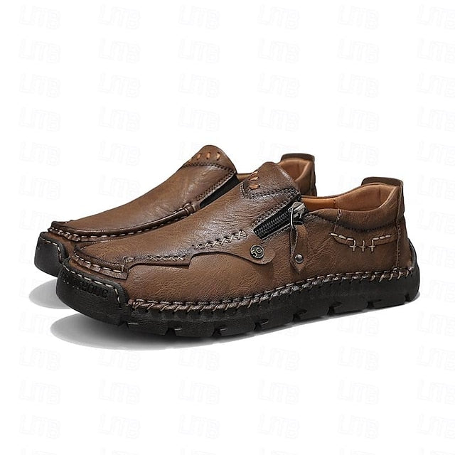 Leather with Side Faux Brown Slip-On Loafers Men's Zipper