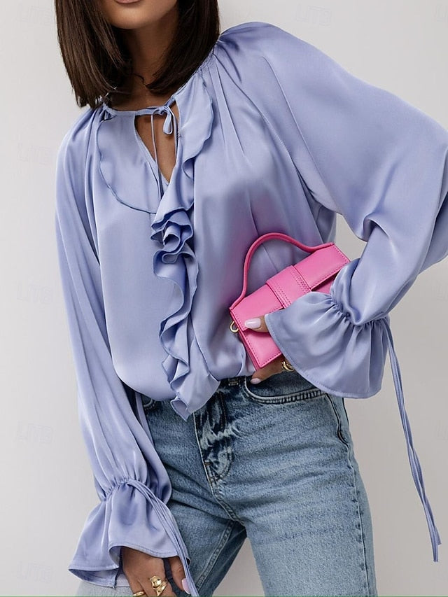 Women's Shirt Blouse Ruffle Patchwork Plain Elegant