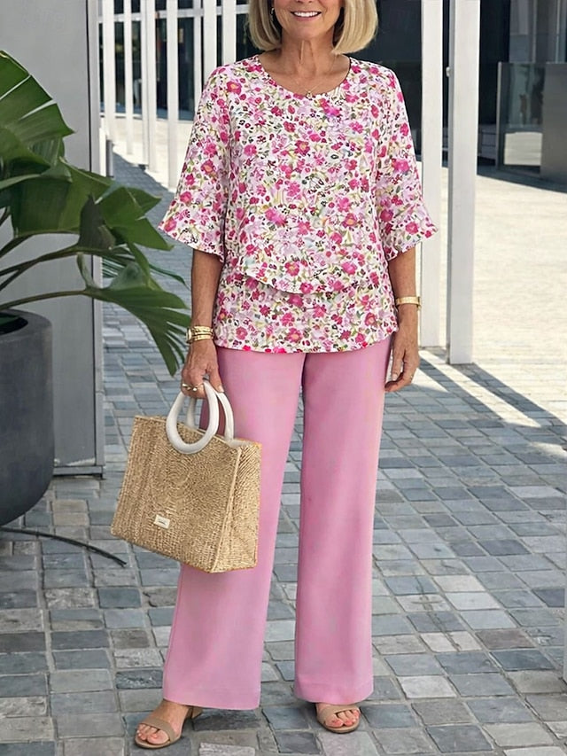 Women's Pants Sets Half Sleeve Butterfly Sleeve Round Neck