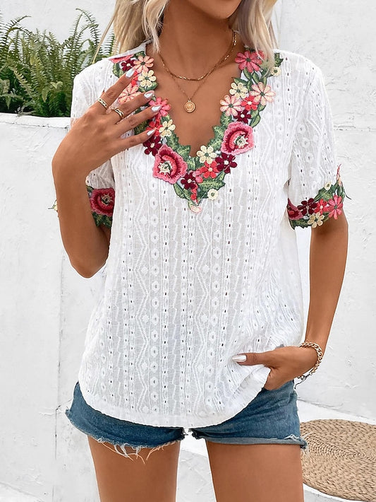 Women's White Elegant Lace Tops Eyelet Blouse Floral