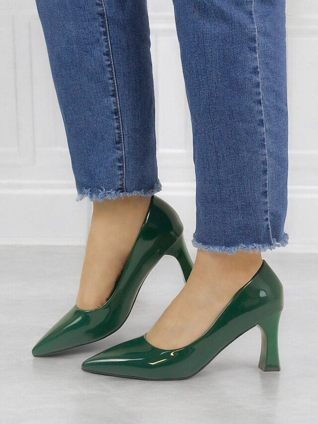 Pointed-Toe Heel Block Leather Patent Pumps Green Faux Glossy