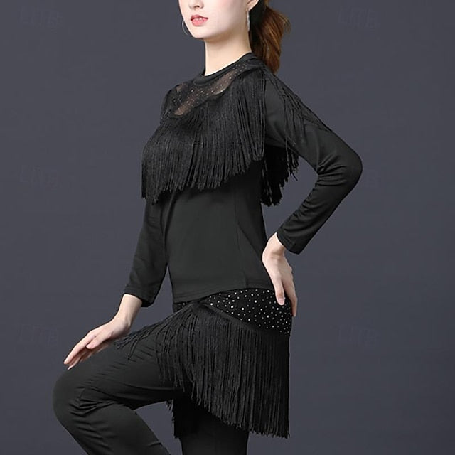 Latin Dance Ballroom Dance Top Tassel Pure Color Splicing