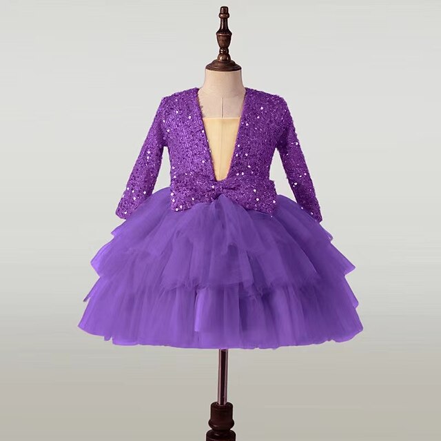 Party Girls' Dress Long Kids Performance Sequin Sleeve