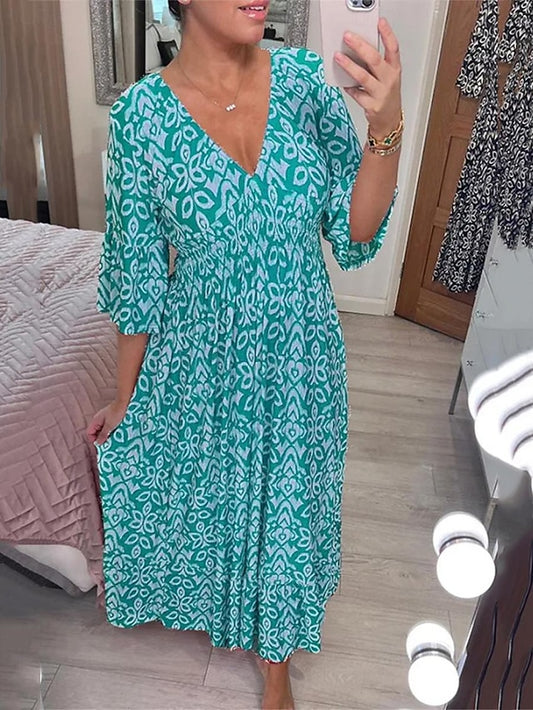 Women's Casual Dress Floral Print V Neck Long Dress Maxi