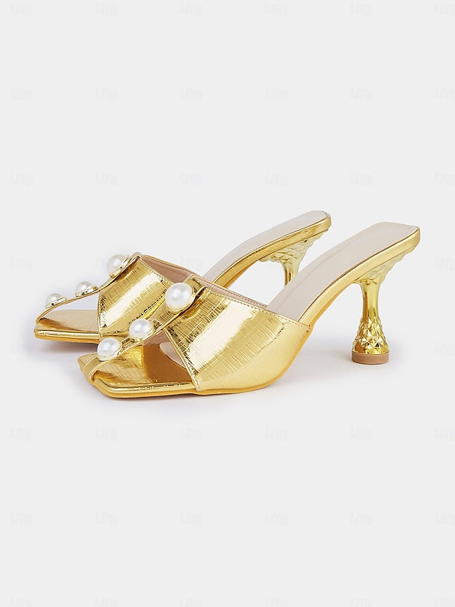 Elegant Mules with Gold – Open-Toe Detailing for Pearl Women