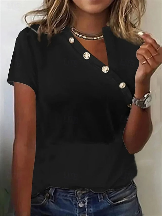 Women's T Shirt Dressy Tops Buttons Solid Color Stylish