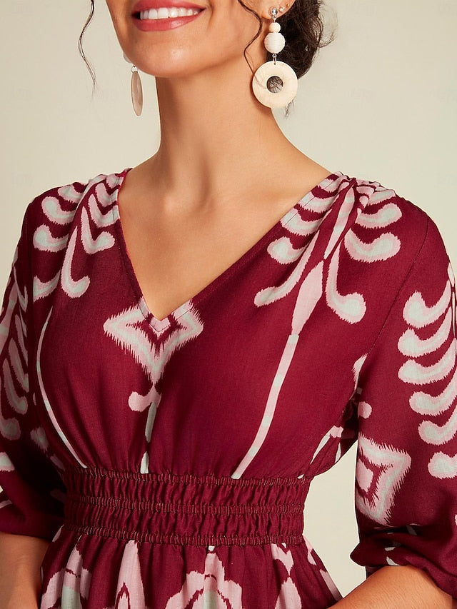 Folk Print Brick Red Half Sleeve V Neck Midi Dress