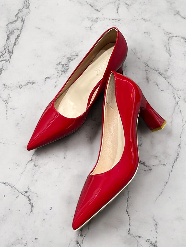 Pointed-Toe Heel Block Leather Patent Pumps Green Faux Glossy