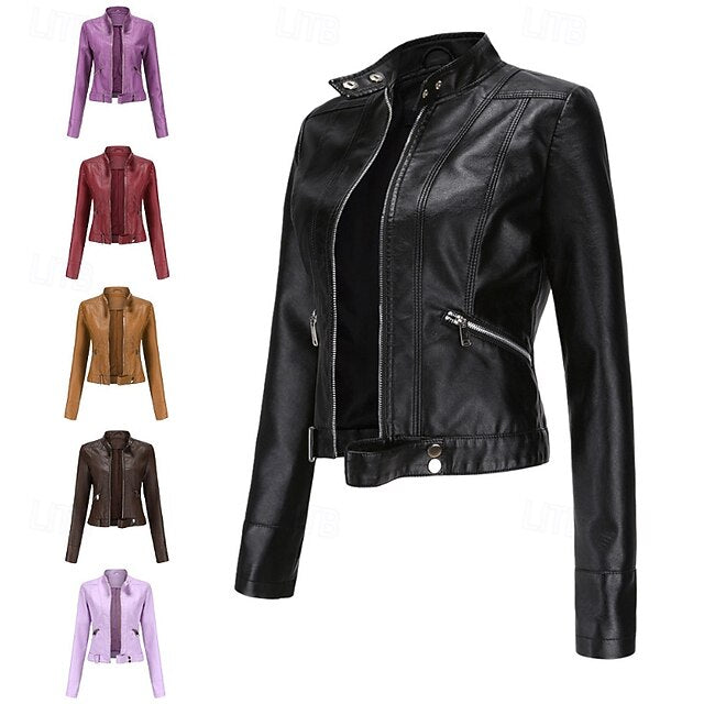 Women's Jacket Pocket Faux Zipper Leather Comfortable