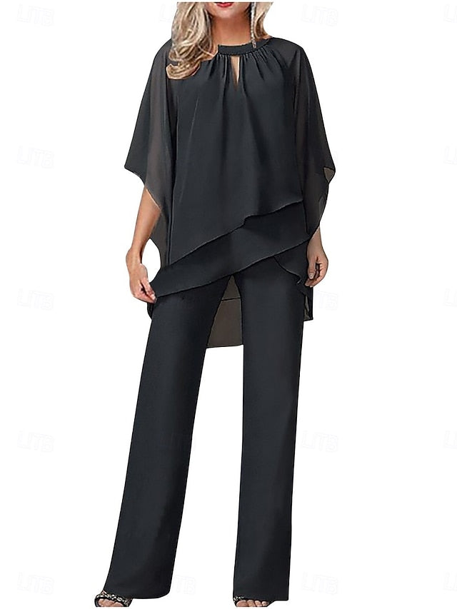 Women's Pants Sets 3/4 Length Sleeve Crew Neck Solid Color