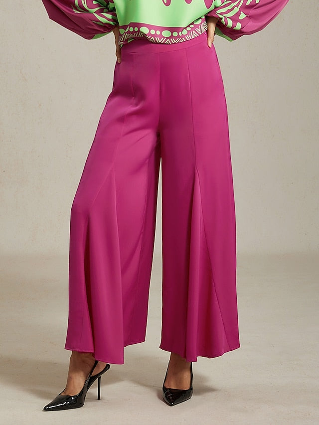 Women's Top Vivid Fuchsia Print Satin Lantern Long Sleeve V