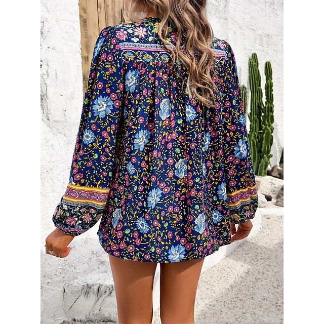 Women's Shirt Blouse Lace up Print Floral Bohemia Ethnic