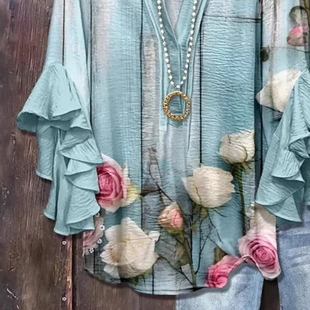 Women's T Shirt Tee Top Ruffle Print Floral Fashion Modern
