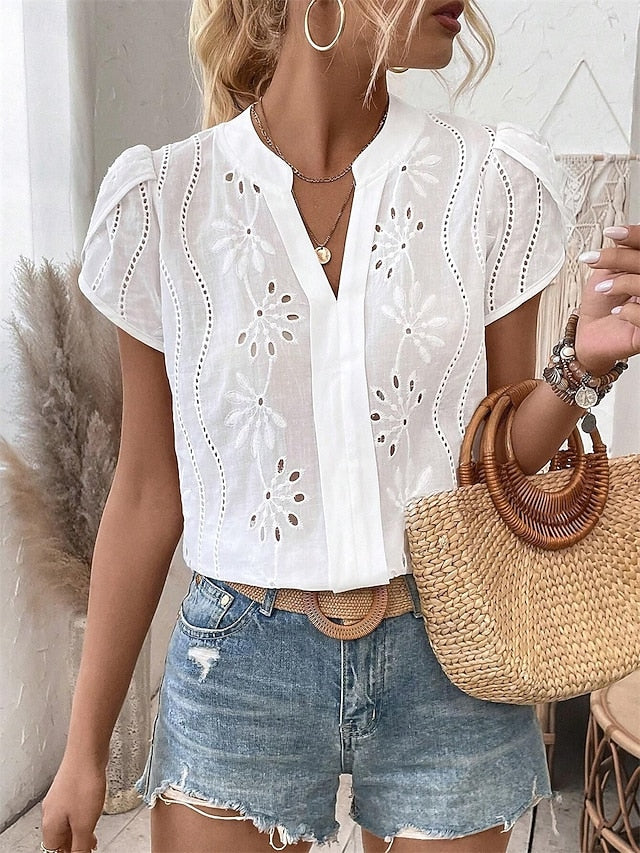Women's Shirt Pointelle Shirt Eyelet Top Blouse Embroidered