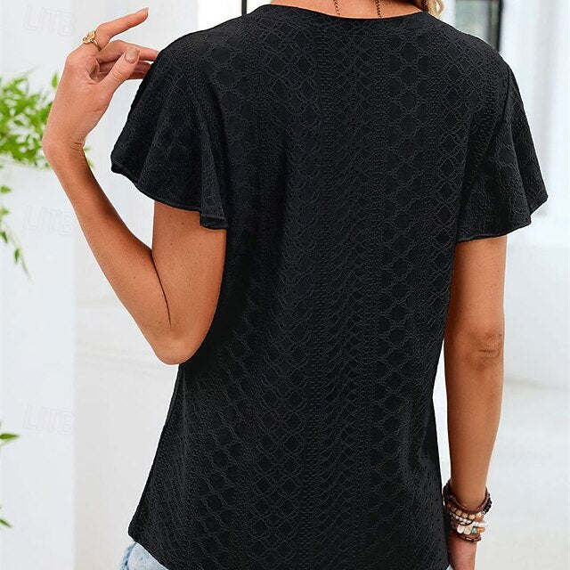 Women's Shirt T Shirt Ruffle Patchwork Eyelet Solid Color