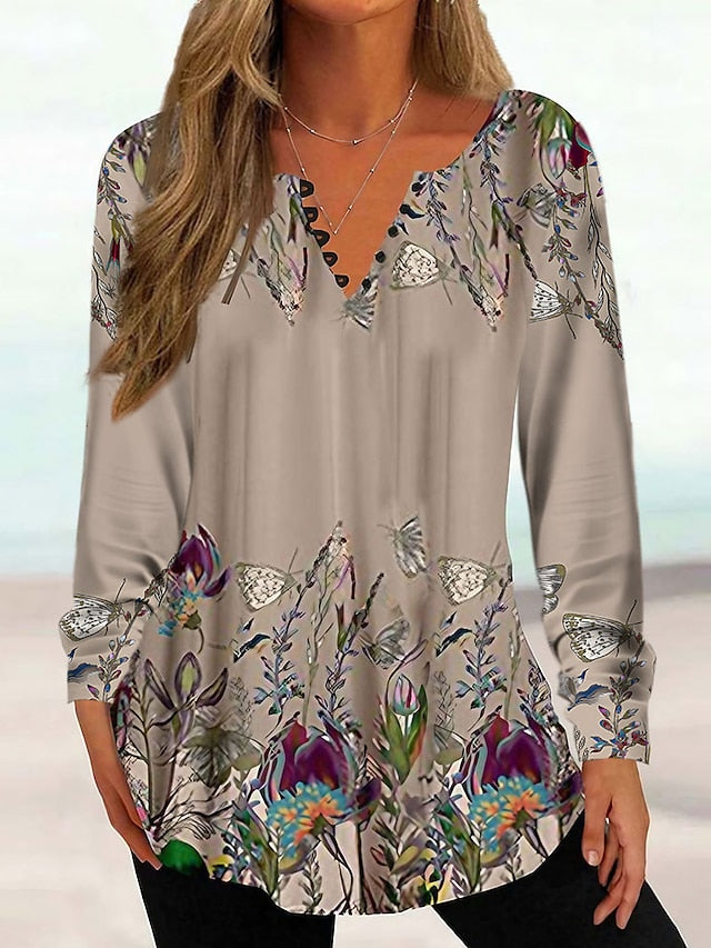 Women's Tunic Shirt Henley Shirt Blouse Tunic Basic Floral
